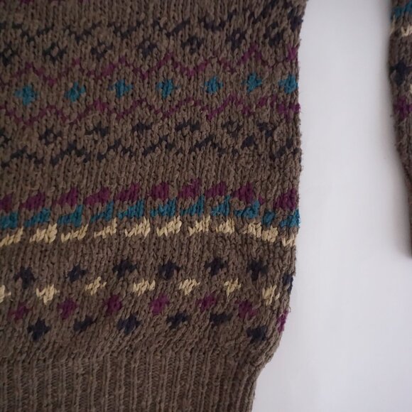 VTG Eddie Bauer Brown Cotton Knit Fair Isle Cabincore Eclectic Grandpa Sweater L - Picture 6 of 10